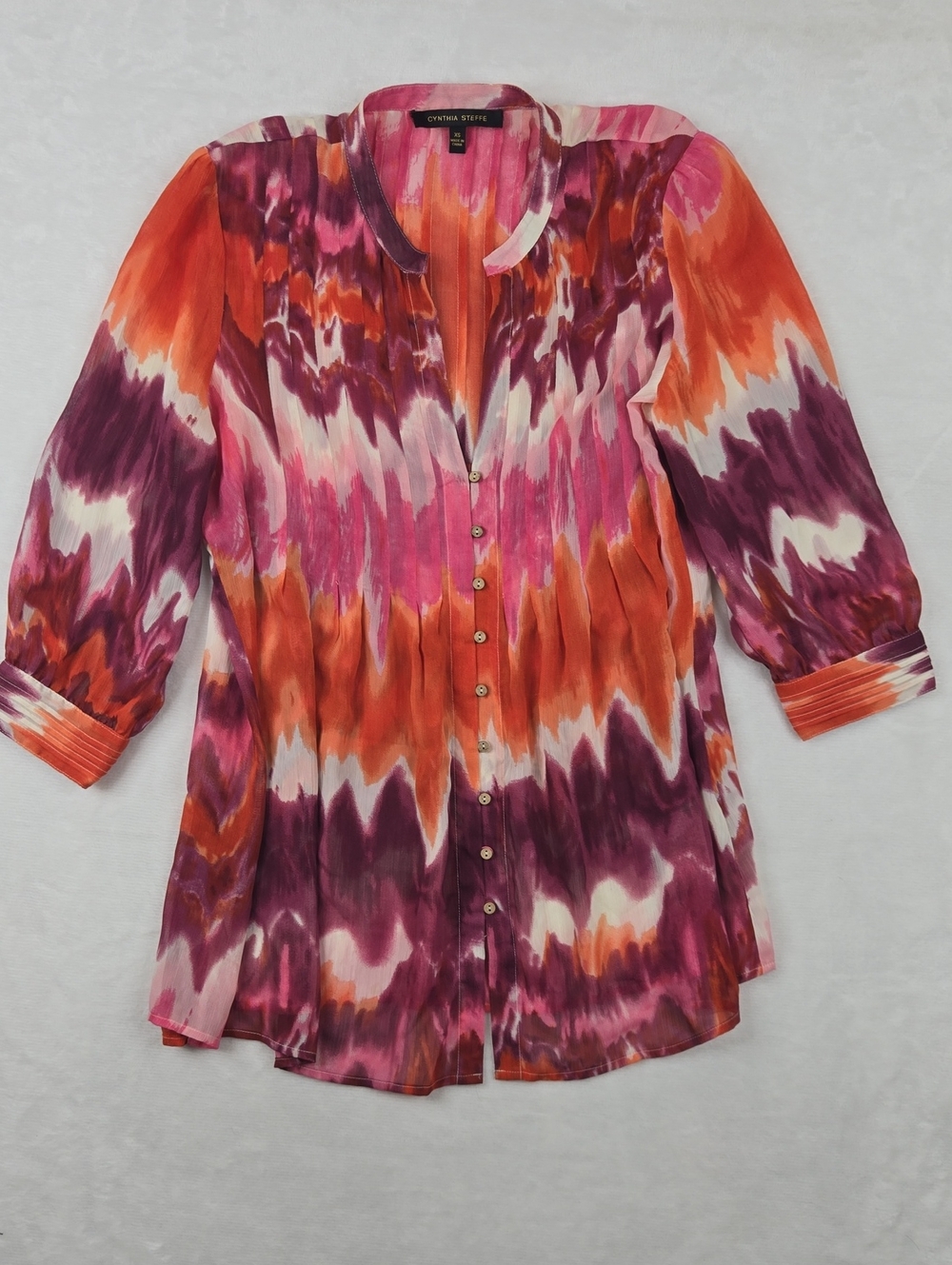 Cynthia Steffe Pink Pleated 3/4 Balloon Sleeve Flowy Sheer Tunic Blouse Top XS